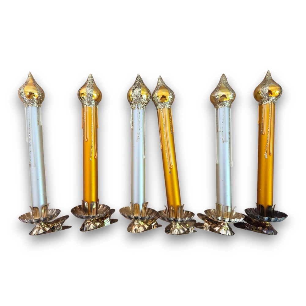 Lot 6 Vintage Blown Mercury Glass Candle Clip On Christmas Ornaments 6''